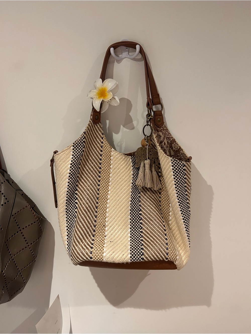 Sakroots Woven Stripe Tote with Tassel - Cream and Brown